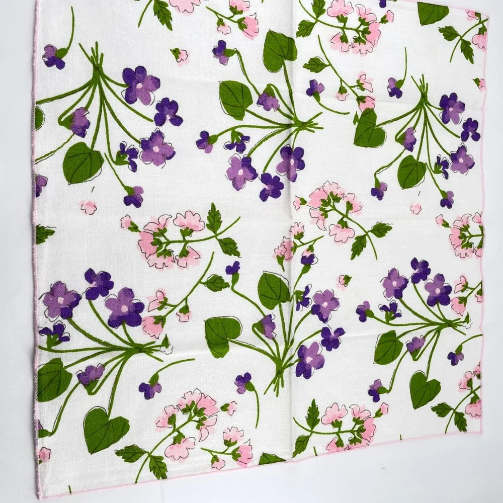 Vera Neumann 60-70s Floral Napkins x8 Crisp Vibrant Purple Violets Pink Edge Tag